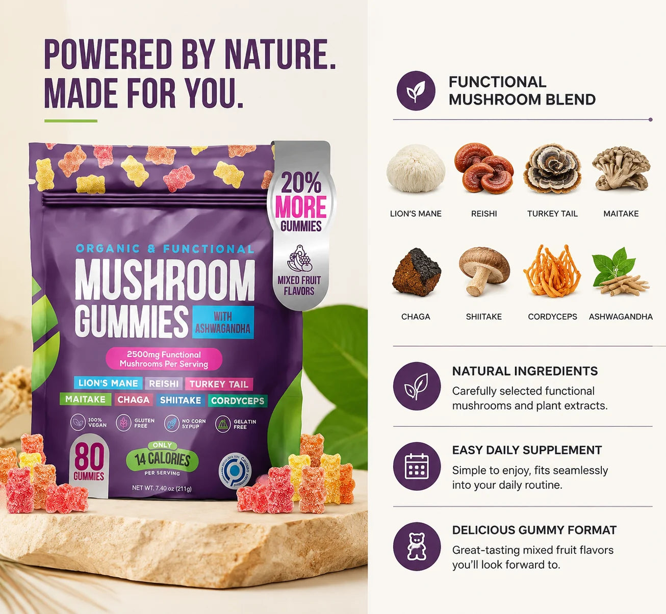 USA Stock Mixed Fruit Flavor Mushroom Complex Gummies Low Calorie Supplement