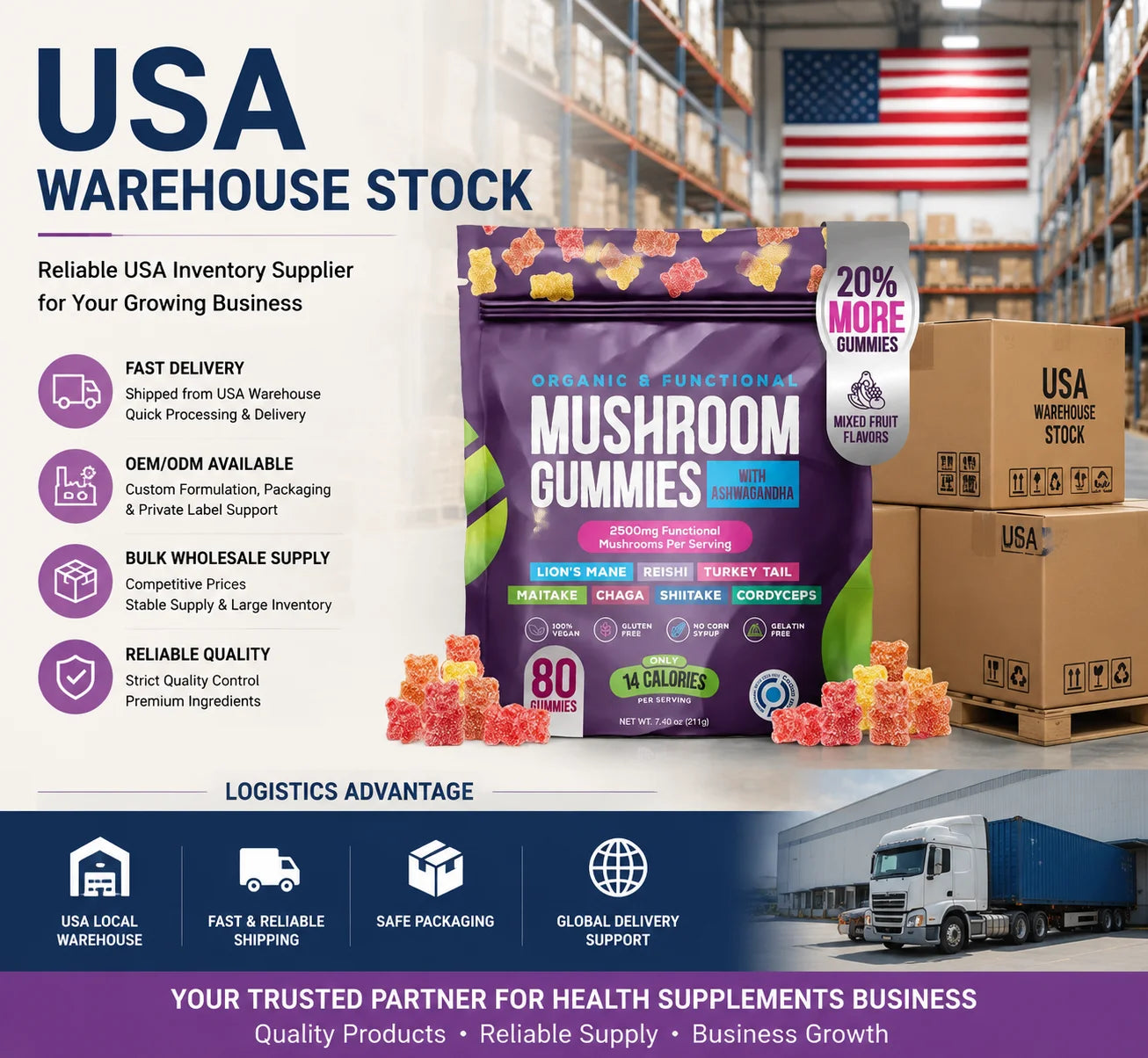 USA Stock Mixed Fruit Flavor Mushroom Complex Gummies Low Calorie Supplement